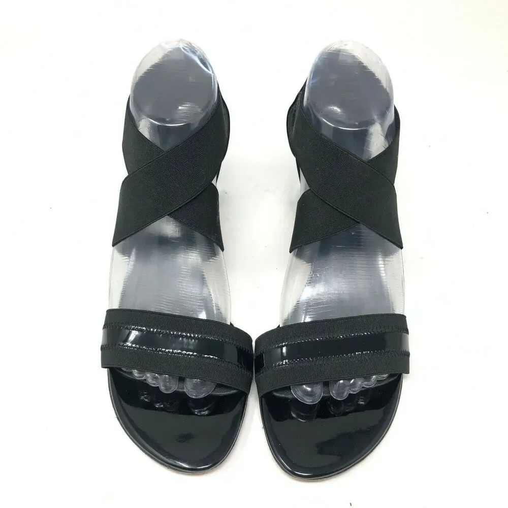 Stuart Weitzman‎ Strappy Sandal Womens 8.5 Elastic Black Patent Chunky Heel